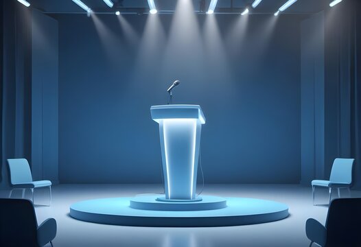 A grand, ornate podium or lectern made of wood and gold-colored decorative elements, set in a large, ornate interior space mockup