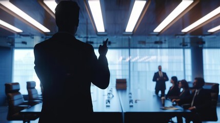 Manager silhouette in a law firm office, directing case management team, front angle, photorealistic