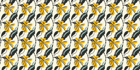 Modern printed fabric flower block print pattern with linen texture effect. Stylized boho dark floral for chic fashion background motif border design.