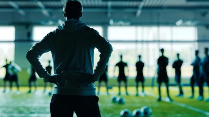 Manager silhouette in a sports facility, directing team training, front angle, photorealistic