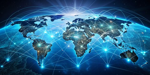 Global Network Connection  World Map with Blue Lines and Glowing Points