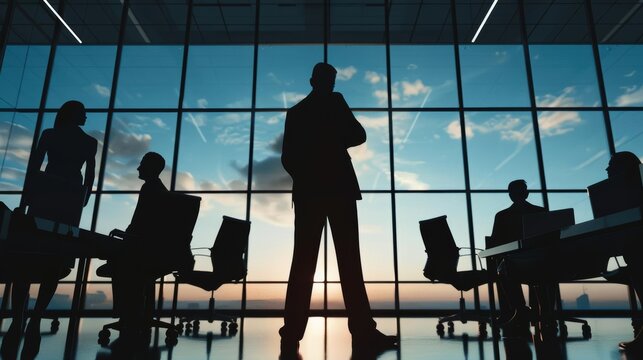 Manager silhouette in a law firm office, directing case management team, front angle, photorealistic