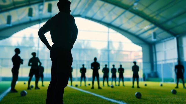 Manager silhouette in a sports facility, directing team training, front angle, photorealistic