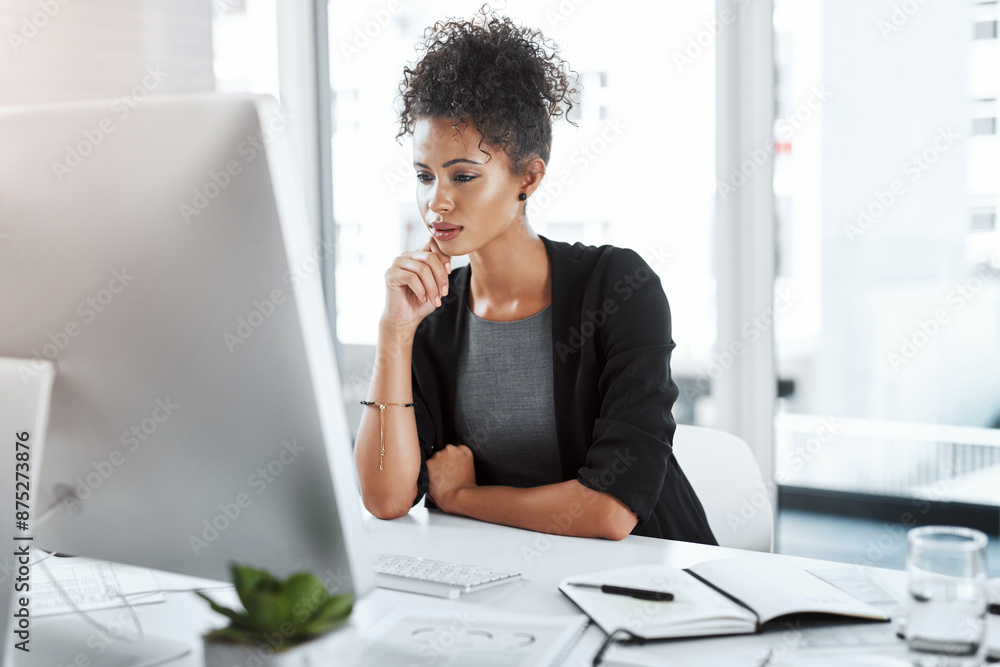 Aufkleber attorney, woman and computer with thinking, legal documents and keyboard with contract for deal agre