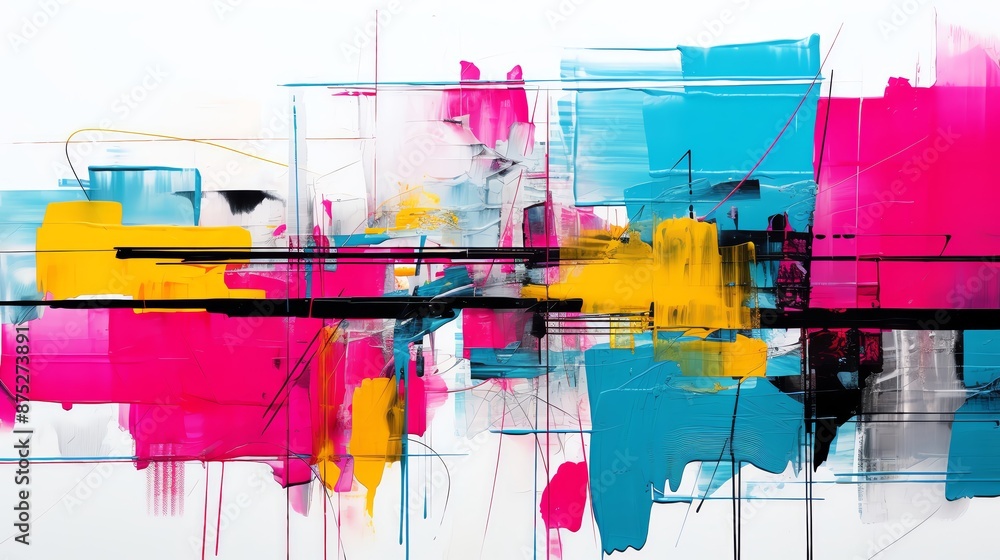 Poster expressive abstract design featuring mixed media textures and bright color splatters