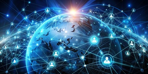 Fototapeta premium Global Network Connections, Digital Earth, People Icons, Blue, Digital