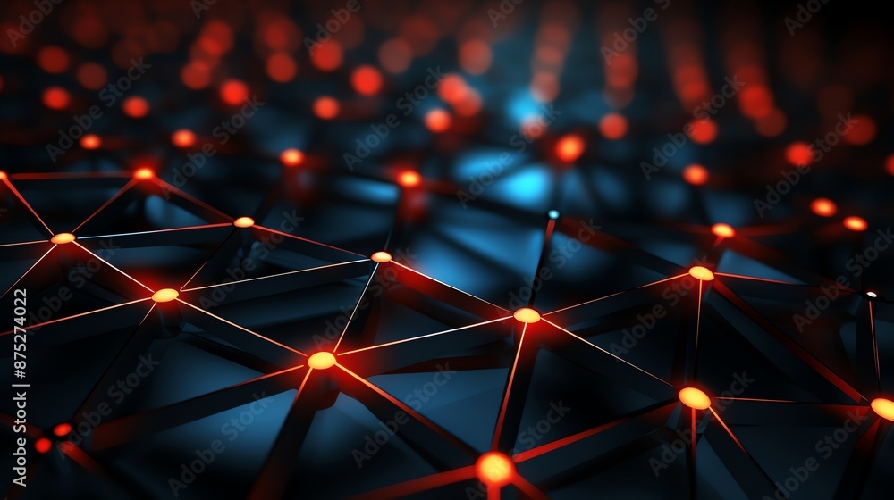 Poster glowing lines and nodes forming a techno network pattern on a sleek, matte black surface