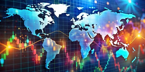 Obraz premium Global Stock Market - World Map with Candlestick Chart - Digital Finance Concept