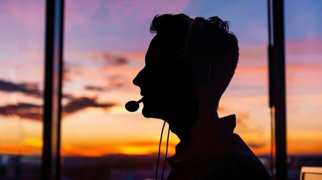 Silhouette of a customer service manager overseeing call center operations, sunset, side view, photorealistic