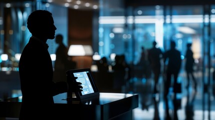 Fototapeta premium Silhouette of a manager with guest services interface, busy hotel reception, nighttime, wide angle, photorealistic