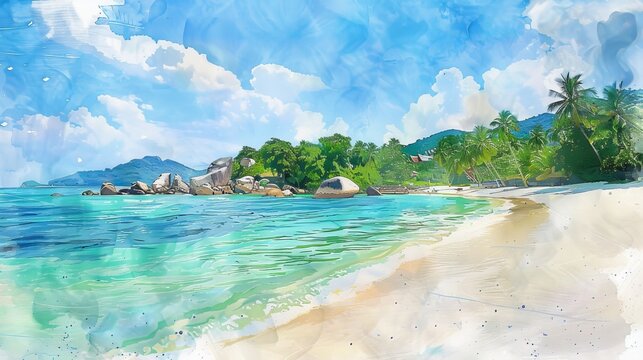 A tranquil watercolor scene of the quiet beaches and crystal-clear waters of Koh Samui