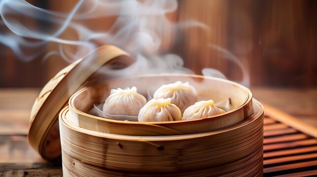 Hot dim sum basket with steam and fresh dumplings