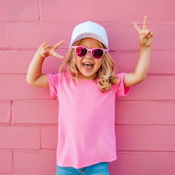 Girl model in sunglasses, pink tshirt mockup, front view. Preschoolar, school aged kids mock up. Children's casual shirt mockups. Short sleeve crewneck tee, blank pink shirt template, summer outdoor