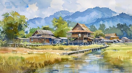 Fototapeta premium A picturesque watercolor scene of the serene countryside and traditional wooden houses of Mae Hong Son