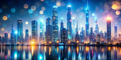 Fototapeta premium Night Cityscape with Bokeh Lights and Reflection on Water