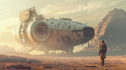 Futuristic spaceship in a sci-fi megacity showcases advanced technology