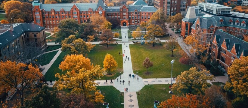 Aerial view of a beautiful university campus during autumn with colorful foliage and historic buildings. AIG62