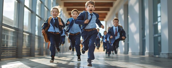 Joyful school kids in uniforms, running down hallway with backpacks, front view, dynamic and high res, stock style.