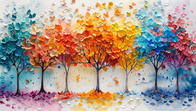 Abstract trees with colorful leaves, 3D wall mural on canvas