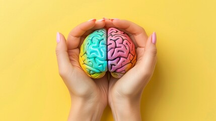 person holding a colorful brain in yellow background. world mental health day concept