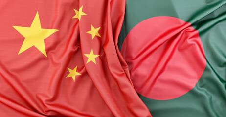 Flag of China is touching flag of Bangladesh. 3D Rendering