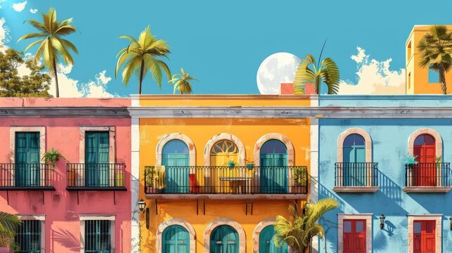 Hispanic architecture, colonial buildings, flat design illustration, ink and pencil
