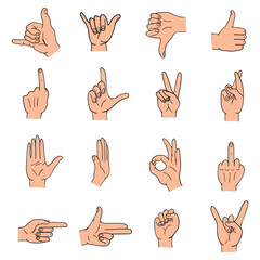 Hand drawn cartoon set of human hands showing different gestures on a white background.