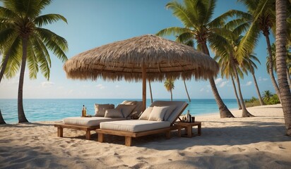 Beach lounge chairs under thatched umbrella near ocean