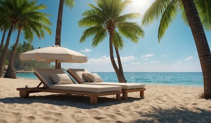 Beach loungers under umbrella with ocean and palm trees