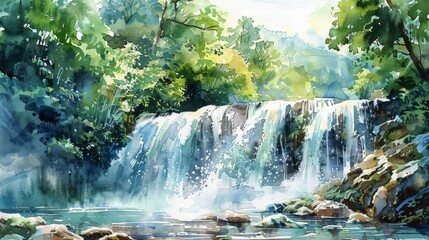 An artistic watercolor depiction of the serene and beautiful Mae Sa Waterfall in Chiang Mai