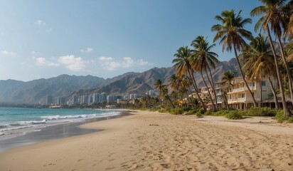 Beautiful tropical beach with palm trees and mountains