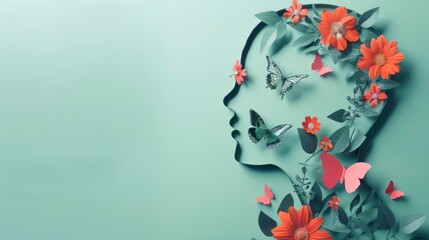 silhouette of a person in profile emerging from butterflies and flowers. world health day concept