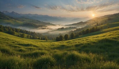 Fototapeta premium Early morning mist over a serene mountain landscape