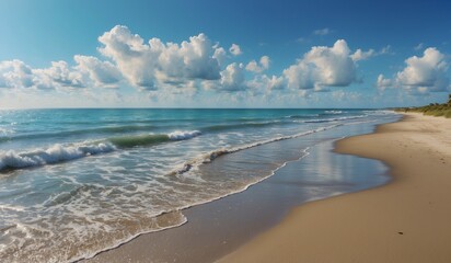 Sunny Beach with Clear Waves and Puffy White Clouds