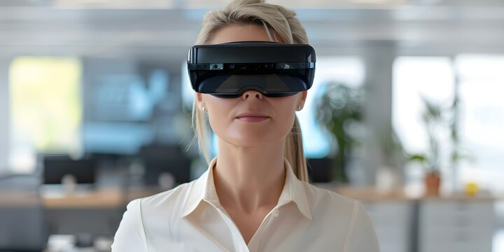 Using AR Glasses Headset for Work A Businesswoman in an Office. Concept AR Glasses, Businesswoman, Office Setting, Technology, Work Efficiency - Powered by Adobe