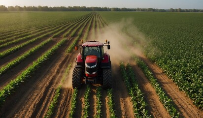 Obraz premium A tractor tilling the soil in a large, expansive cornfield