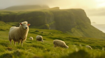 Sheep grazing in a sunlit meadow with rolling hills and distant cliffs.