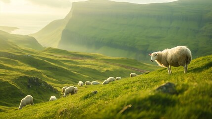 Sheep grazing on a lush green hillside during a sunny day with scenic mountains in the background.