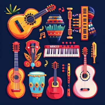 Hispanic heritage musical instruments, various types, flat design illustration, kawaii art