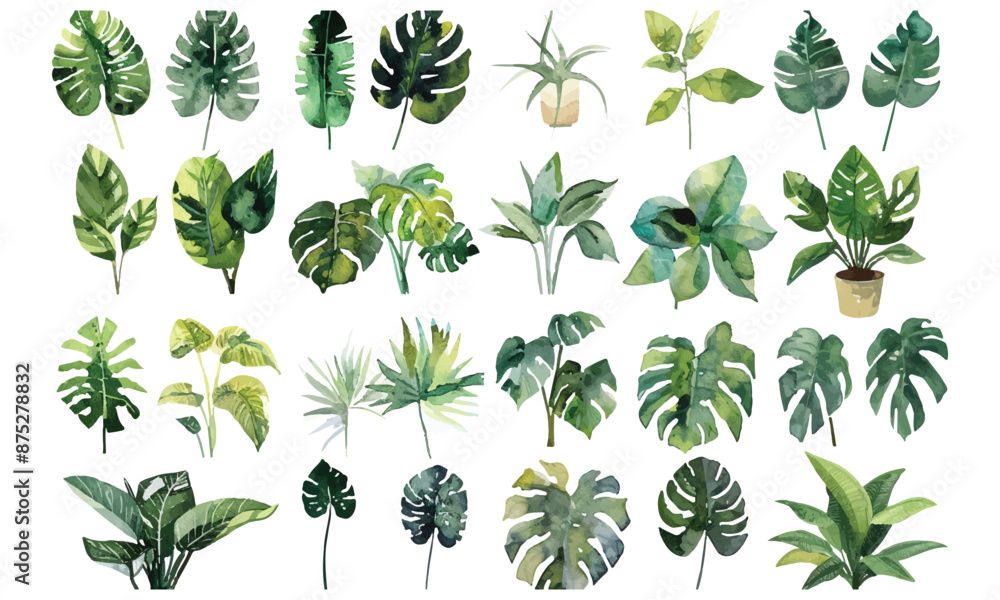 Poster set of green leaves , minimal style hand drawn trees collection , graphics trees elements drawing fo