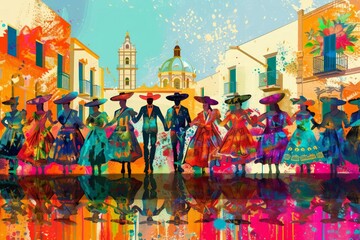 Hispanic heritage parade, festive costumes, flat design illustration, silk screen art