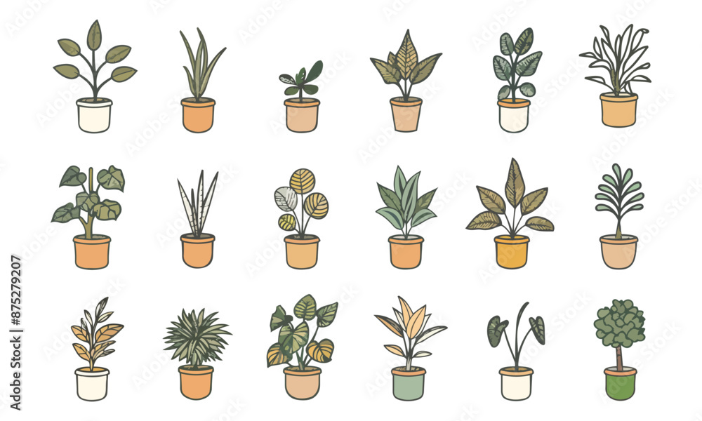 Poster vegetables plant in a pot , minimal style hand drawn tree painting , set of graphics trees elements 