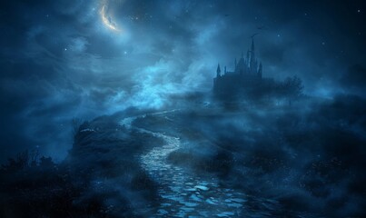 A moonlit path leading to a spooky castle with fog swirling around, leaving space in the center for copy