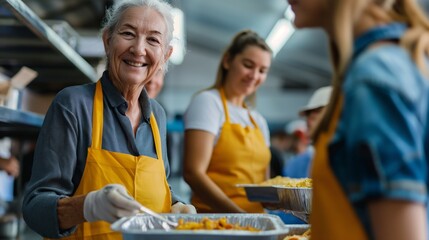 Smiling elderly volunteer serving food in a community kitchen.