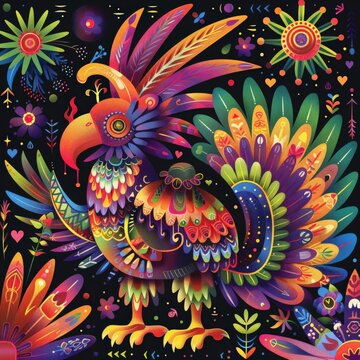 Latin American folklore, mythical creatures, flat design illustration, silk screen art