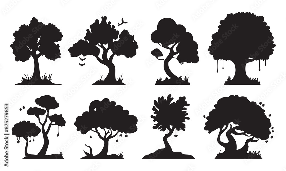 Poster silhouettes of trees , set of graphics trees elements outline isolated vector on white background