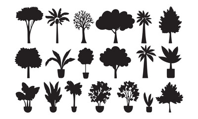 set of silhouettes of plants , watercolor black tree line drawing sets, graphics trees elements isolated vector on white background