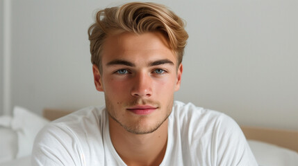 Fototapeta premium Portrait of a young blond in bedroom interior. Closeup face looking at camera