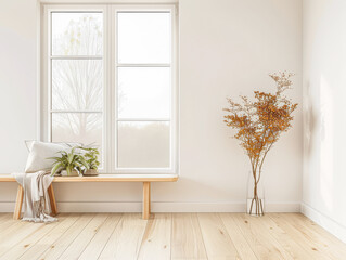 Large window in a stylish property room with neutral lighting, minimalist furniture and copy space. Residential Real Estate composition.