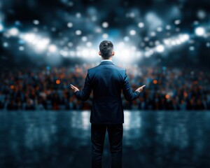 A man stands on a stage in front of a crowd, giving a speech